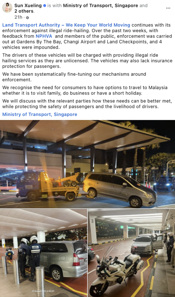 Sun Xueling Facebook post on  illegal ride hailing services